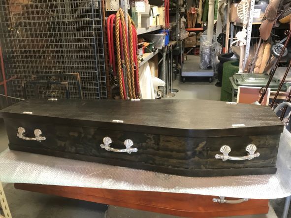 COFFIN, Dark Brown/Black Wood Stain w 6 Silver Handles - 193cmL x 32cmH